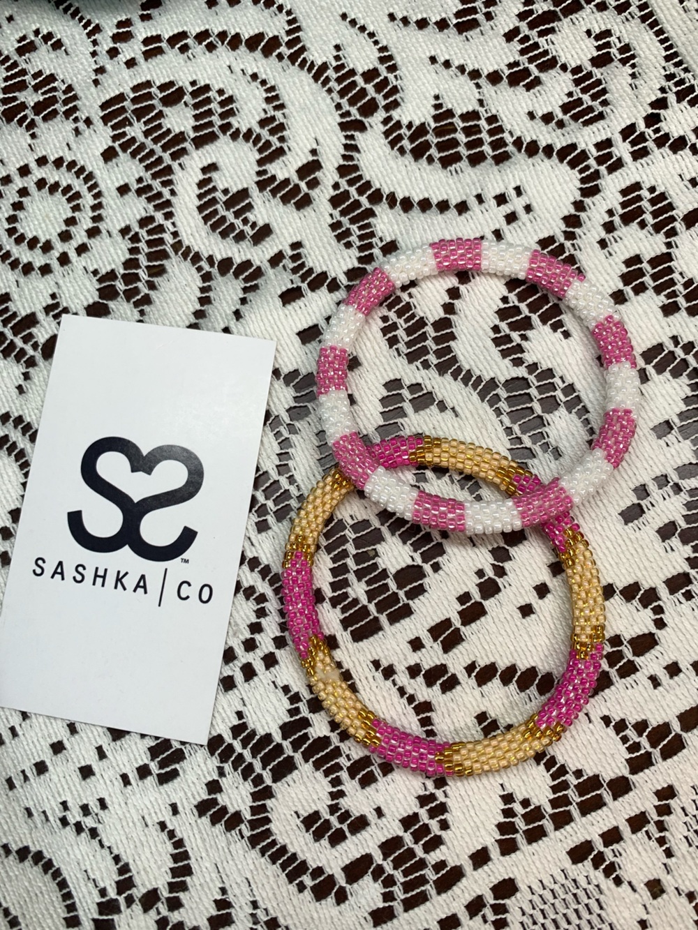 Pink/White and Peach/Pink/Gold Beaded Bracelet Set